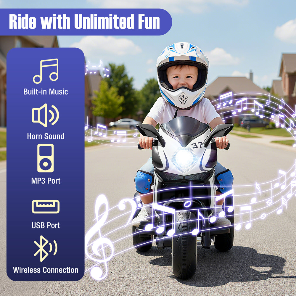 Kids ride-on motorcycle in black with LED lights, built-in music, and a safe speed range of 3-7 mph for outdoor fun.