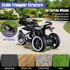 Kids ride-on motorcycle in black with all-terrain wheels, LED lights, and a stable triangular structure for ages 3+.
