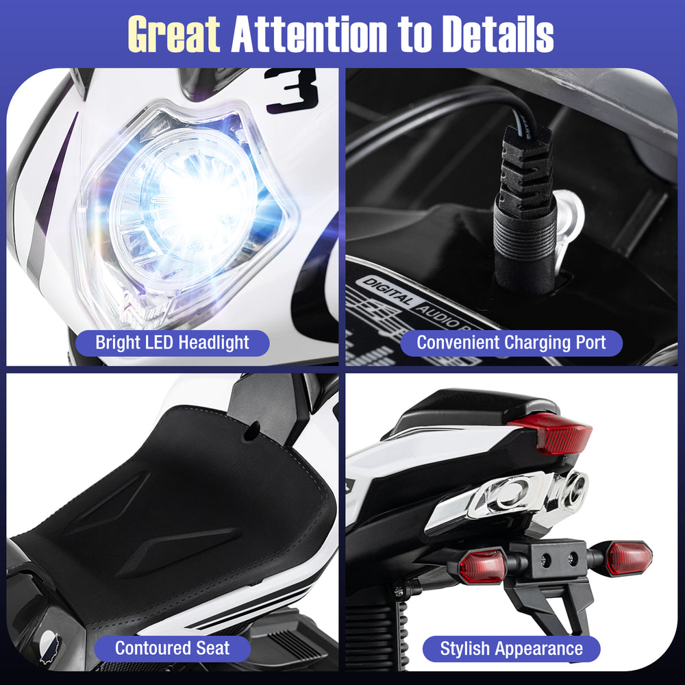 Bright LED headlight and convenient charging port on the Kids Ride on Motorcycle for safe, fun rides.
