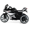 Kids ride-on motorcycle in black with LED lights, 6V battery, and three wheels for stability, suitable for ages 3+.