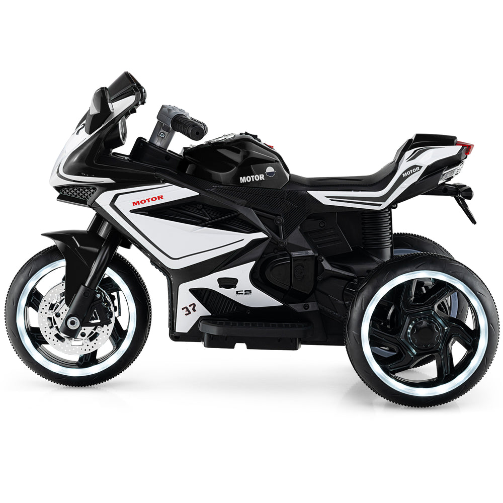 Kids ride-on motorcycle in black with LED lights, 6V battery, and three wheels for stability, suitable for ages 3+.