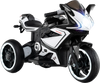 Kids ride-on motorcycle in black with LED lights, 6V battery, and three wheels for stable riding on various surfaces.