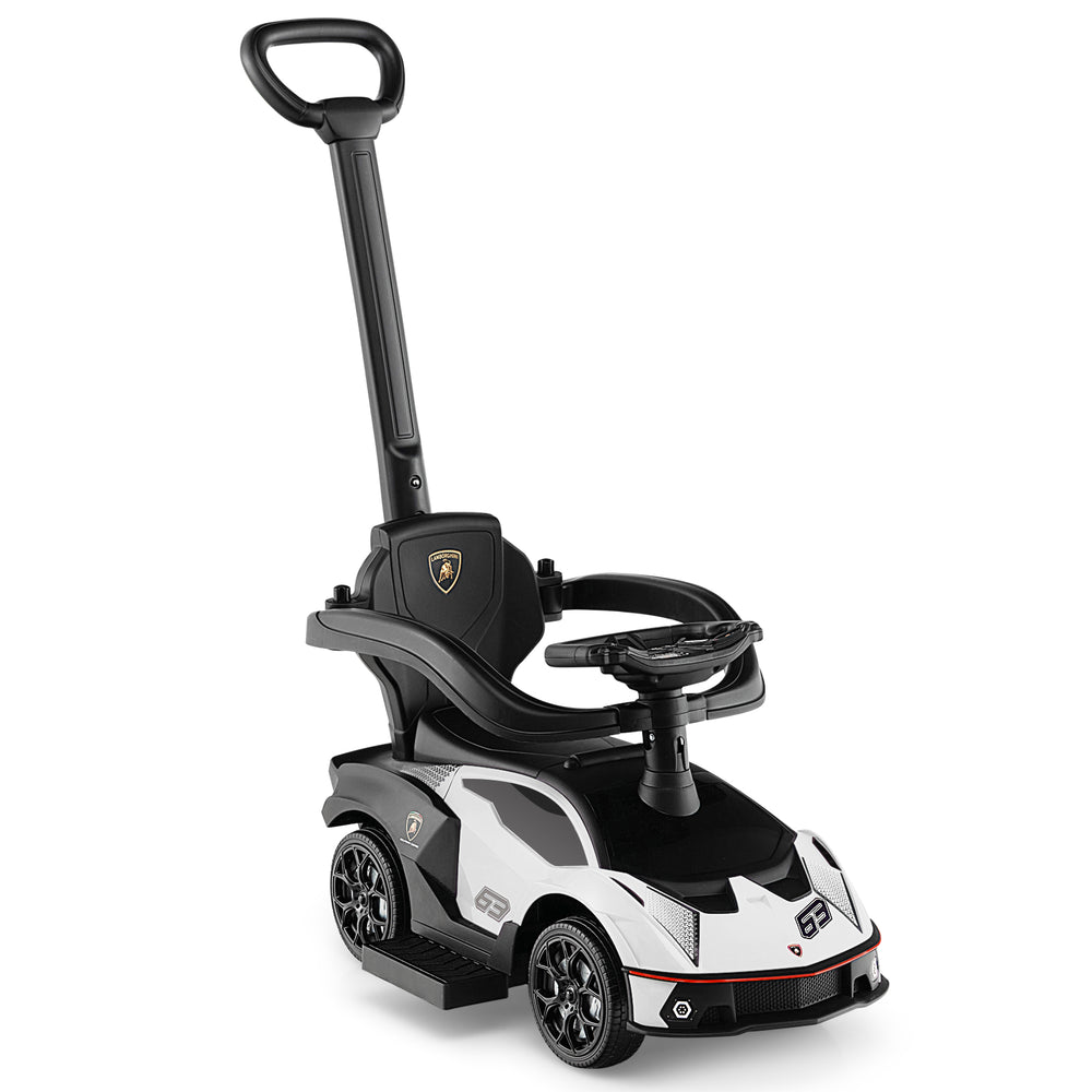 3-in-1 licensed Lamborghini ride-on push car in white with handle, guardrail, and storage compartment for kids' toys.