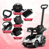 3-in-1 Lamborghini ride-on push car in white with flexible steering wheel, removable guardrails, and extended foot.