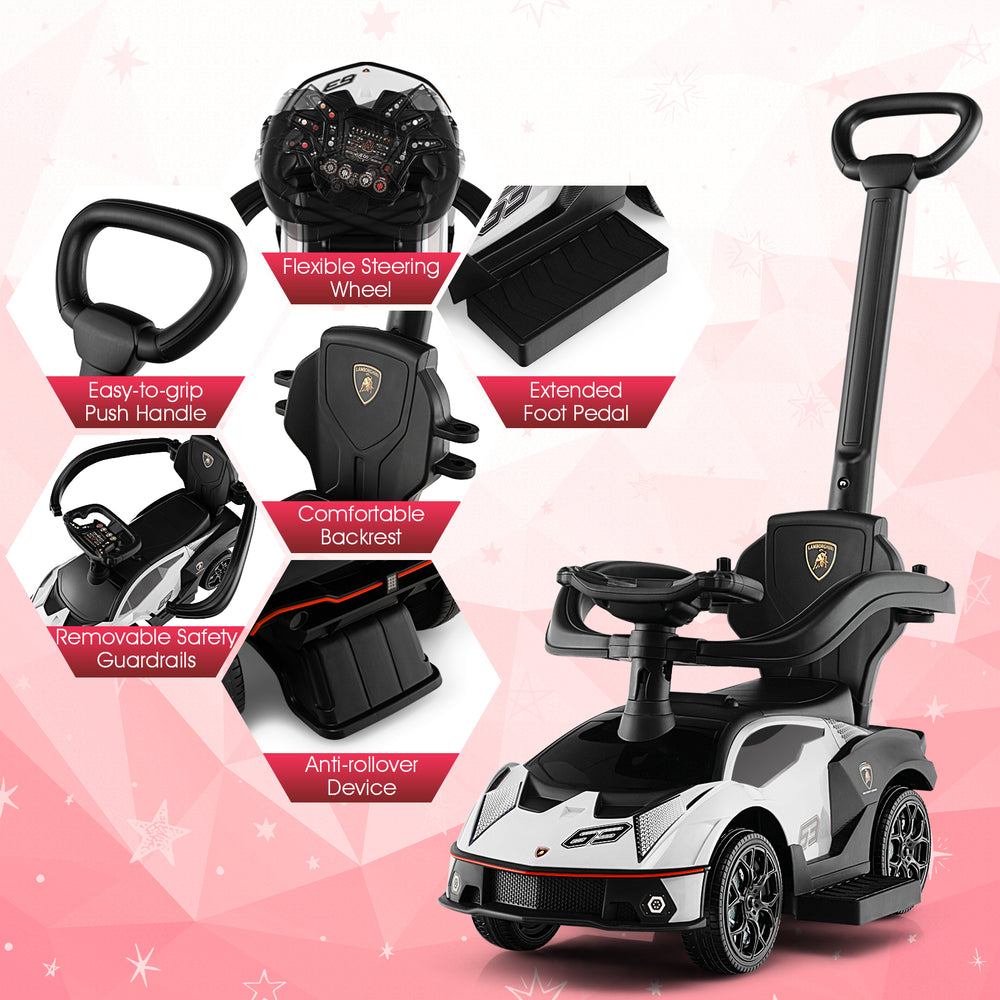 3-in-1 Lamborghini ride-on push car in white with flexible steering wheel, removable guardrails, and extended foot.