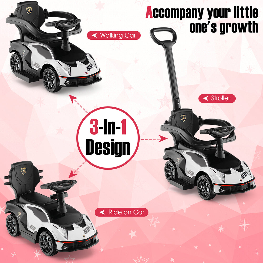 3-in-1 Lamborghini ride-on push car in white, convertible to stroller and walking car, with durable frame and storage.