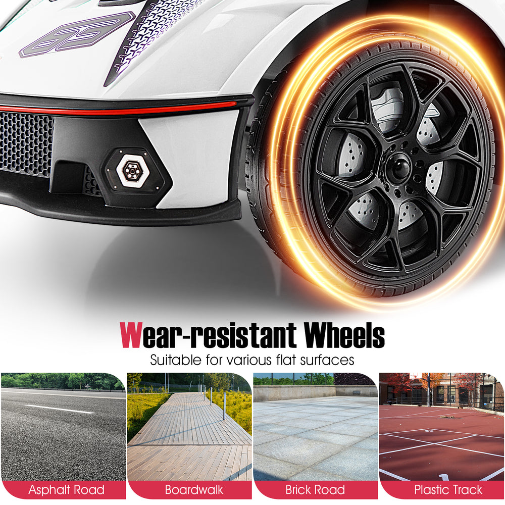 Wear-resistant wheels of the 3-in-1 Lamborghini ride-on car, suitable for asphalt, boardwalk, and brick surfaces.
