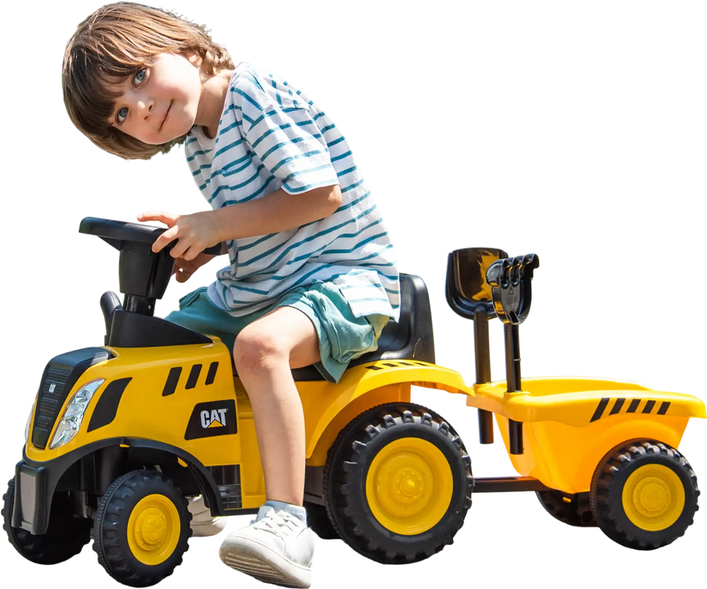 Kids ride-on tractor in yellow with detachable trailer, designed for fun and stability, perfect for outdoor play.