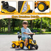 Kids ride-on tractor in yellow with detachable trailer, comfortable seat, and bright LED lights for fun outdoor play.