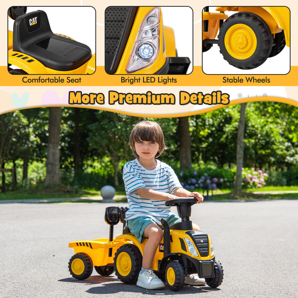 Kids ride-on tractor in yellow with detachable trailer, comfortable seat, and bright LED lights for fun outdoor play.