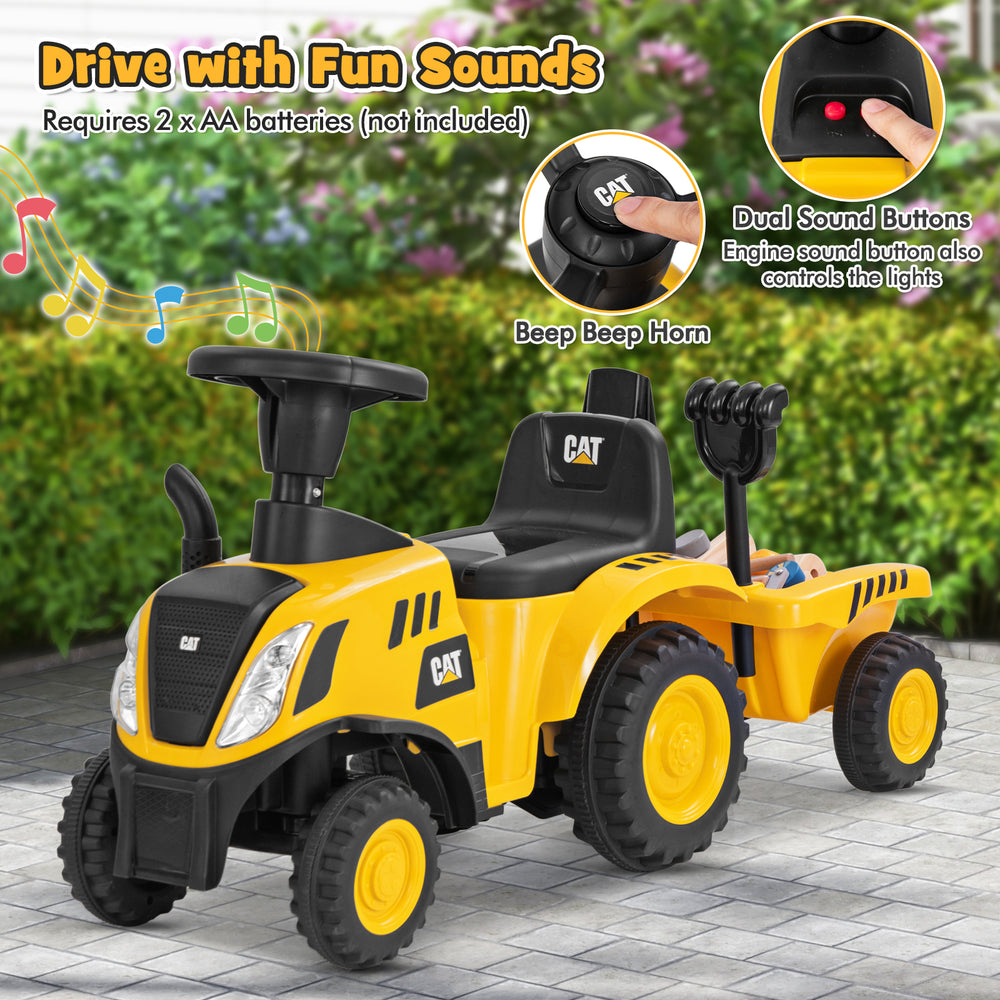 Kids ride-on tractor in yellow with detachable trailer, beep beep horn, and LED lights for fun outdoor play.