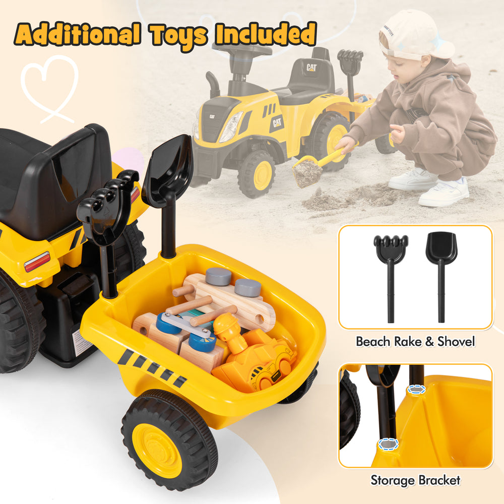 Kids ride-on tractor in yellow with detachable trailer, includes beach rake and shovel for outdoor fun.