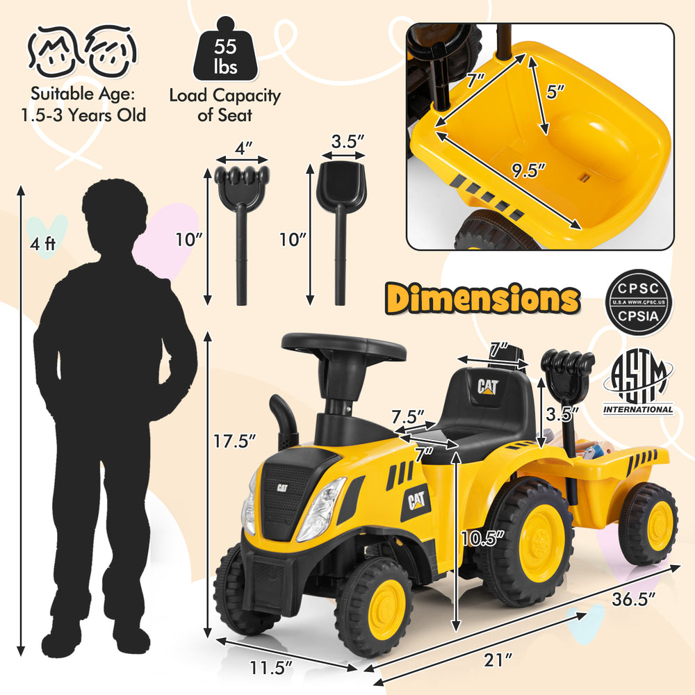 Kids ride-on tractor in yellow with detachable trailer, designed for ages 1.5-3 years, promotes stability and fun.
