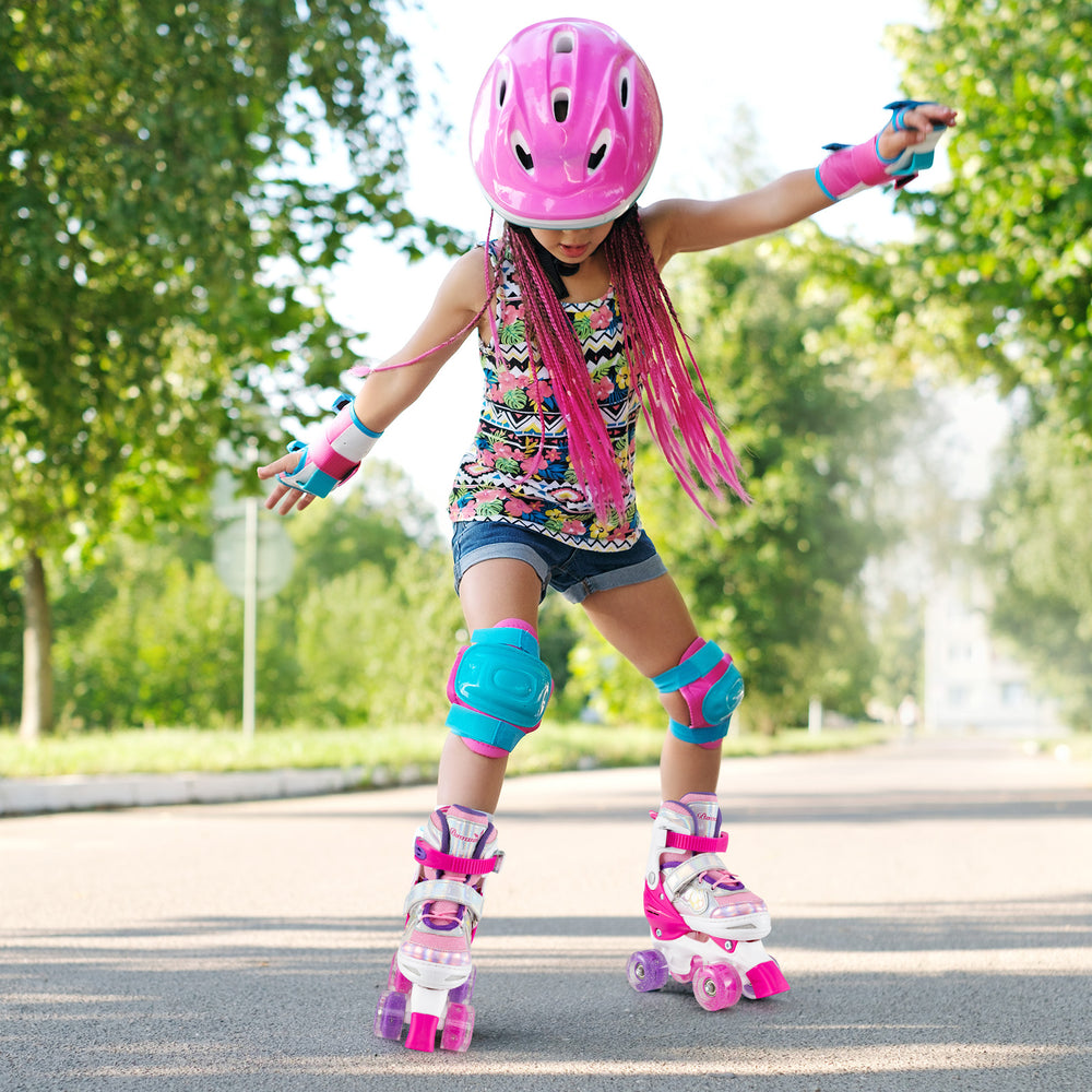 Kids roller skates in rose red with light-up wheels, adjustable sizes, and safety gear for outdoor fun.