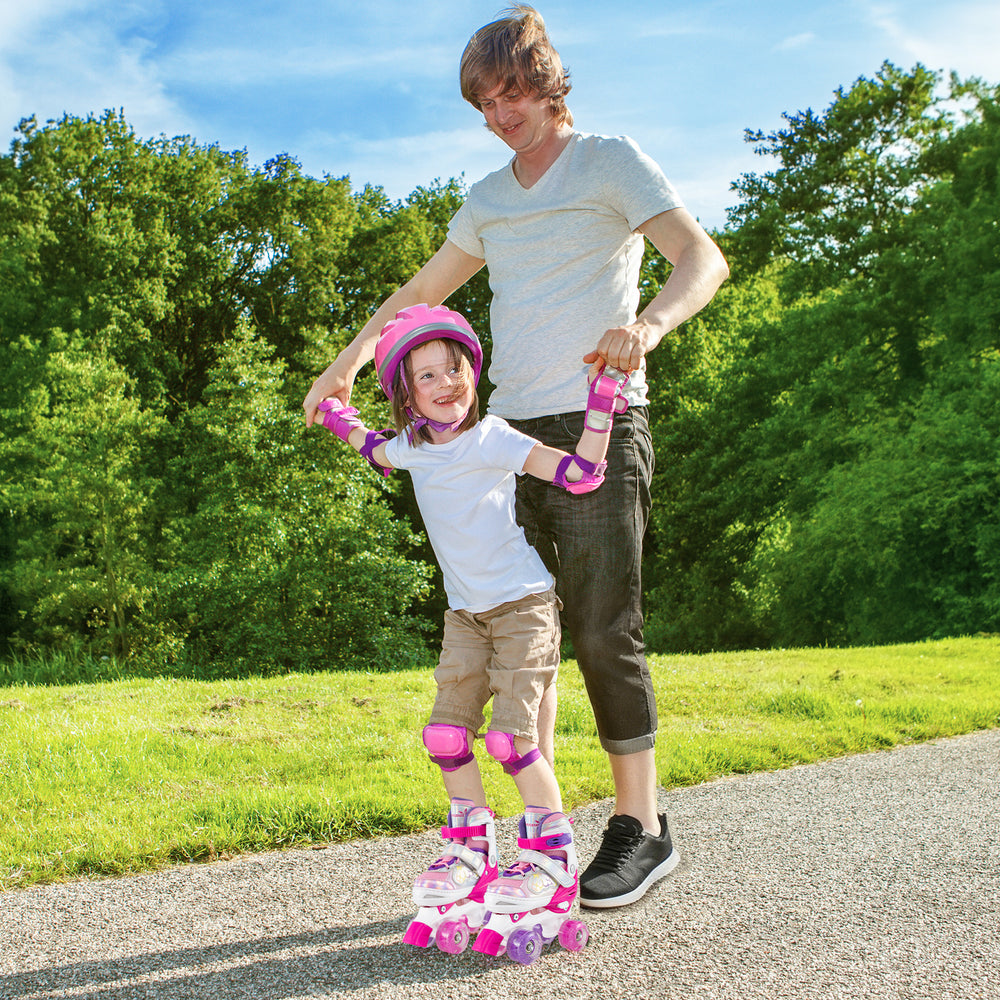 Adjustable kids roller skates in rose red with light-up wheels, safety gear, and a child enjoying outdoor skating.