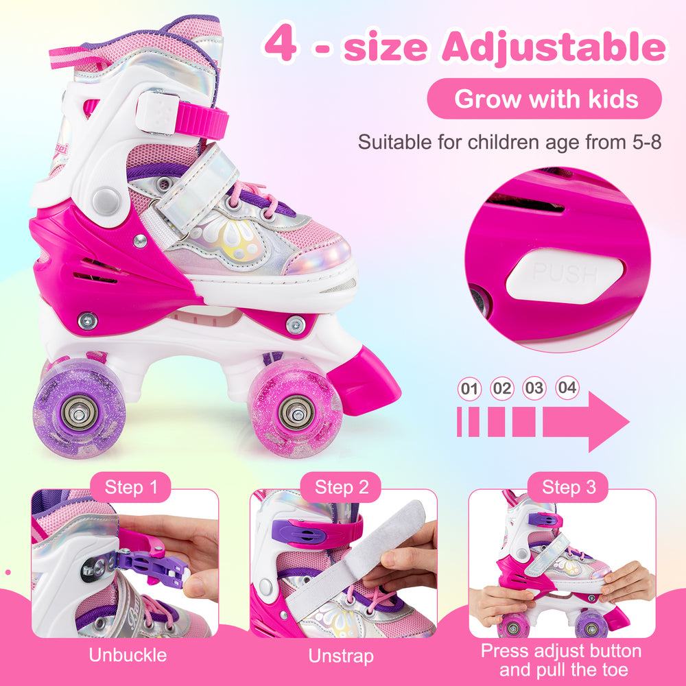 Kids roller skates in rose red with adjustable sizes, light-up wheels, and safety features for ages 5-8.