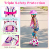 Kids roller skates in rose red with adjustable size, light-up wheels, and triple safety protection for secure skating.