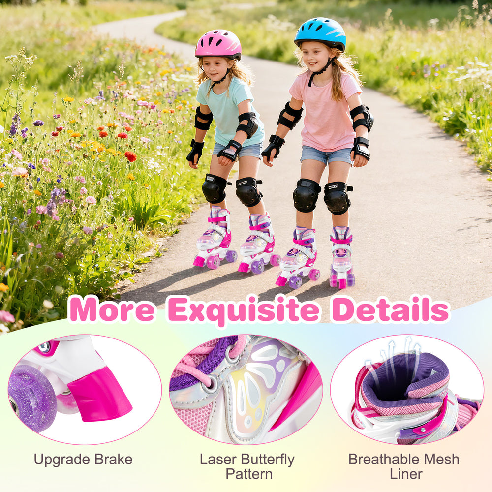 Kids roller skates in rose red with light-up wheels, adjustable sizes, and breathable mesh liner for safe, fun rides.