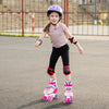 Adjustable kids roller skates in rose red with light-up wheels, featuring safety straps and breathable mesh liner for.