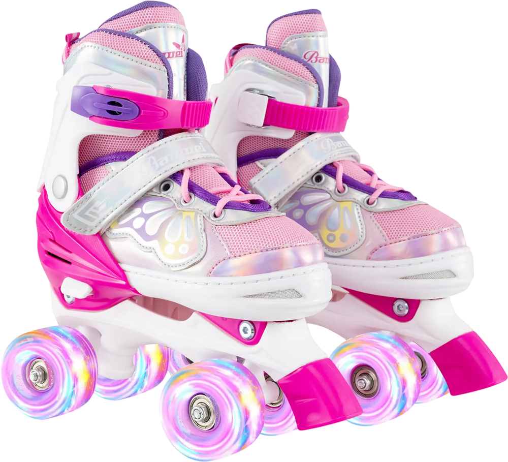 Kids roller skates in rose red with adjustable sizes and colorful light-up wheels for fun and safety during play.