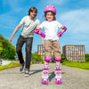 Kids roller skates in rose red with light-up wheels, adjustable sizes, and safety features for outdoor fun.
