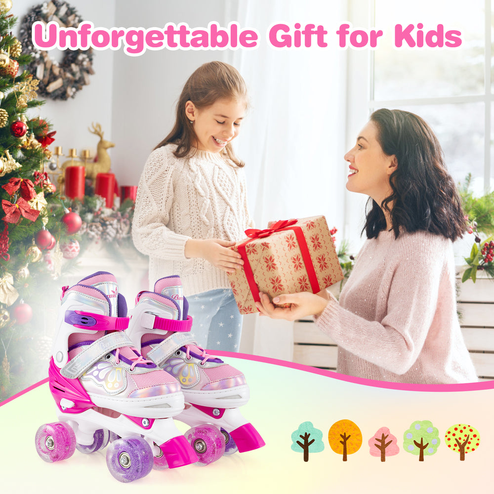 Adjustable rose red kids roller skates with light-up wheels, perfect for fun and safe outdoor play.
