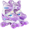 Adjustable purple kids roller skates with light-up wheels, designed for ages 5-7, featuring a breathable liner and.