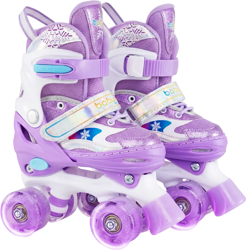 Adjustable purple kids roller skates with light-up wheels, designed for ages 5-7, featuring a breathable liner and.