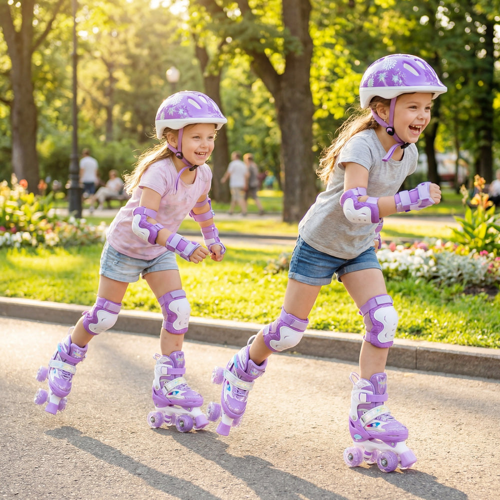 Two girls joyfully roller skating in a park wearing purple adjustable kids roller skates with light-up wheels.