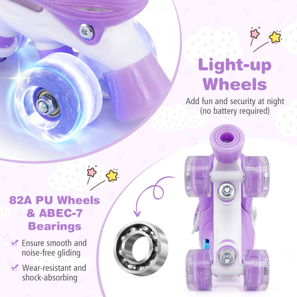 Adjustable kids roller skates in purple with light-up wheels, 82A PU material, and ABEC-7 bearings for smooth gliding.