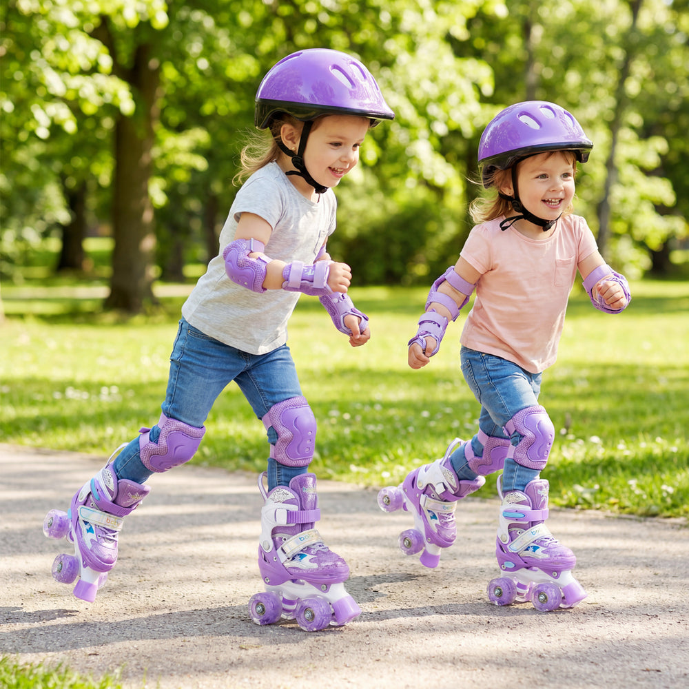 Two kids wearing purple adjustable roller skates with light-up wheels, enjoying a fun day outdoors in the park.