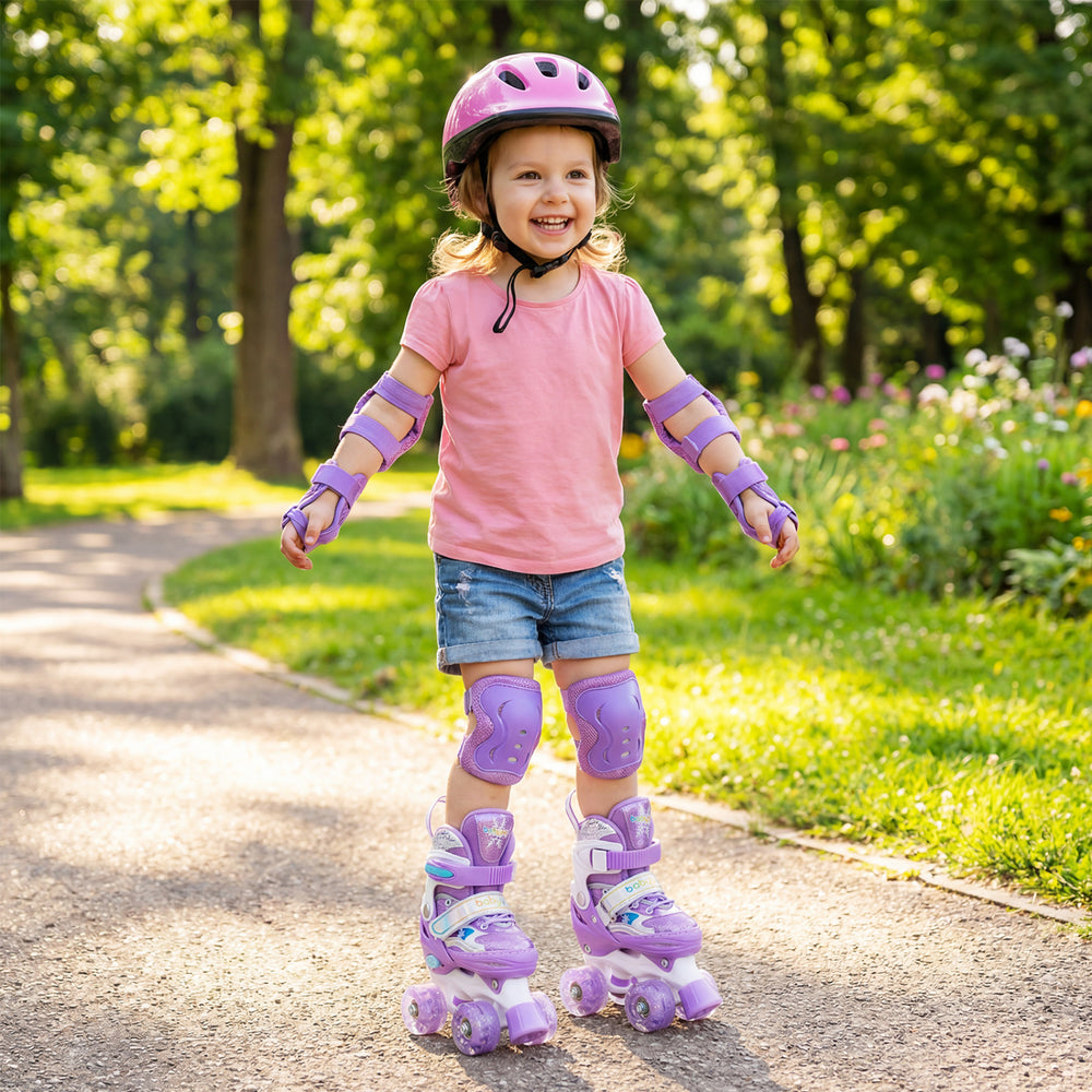 Adjustable purple kids roller skates with light-up wheels, designed for toddlers aged 3-4, perfect for outdoor fun.