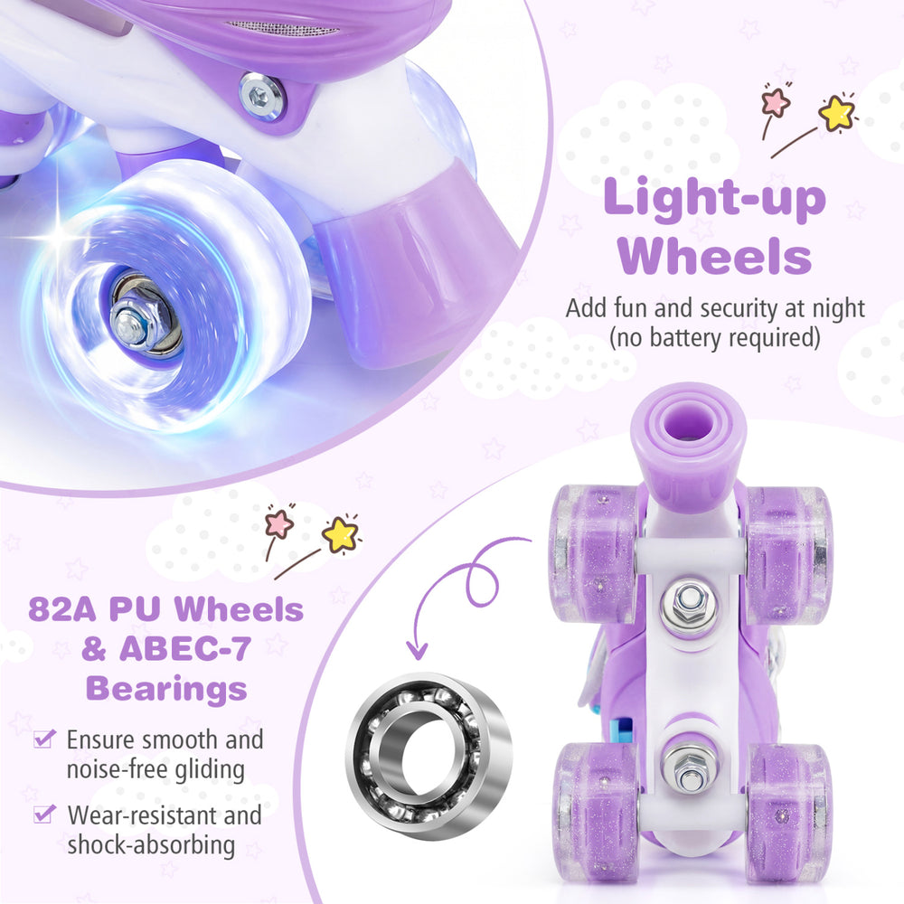 Light-up wheels of purple kids roller skates with 82A PU material, adjustable sizes, and ABEC-7 bearings for smooth.