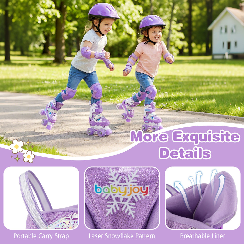Kids roller skates in purple with light-up wheels, adjustable sizes, and breathable liner for comfort and fun.