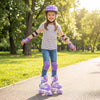 Kids roller skates in purple with light-up wheels, adjustable sizes, and safety gear for outdoor fun and protection.
