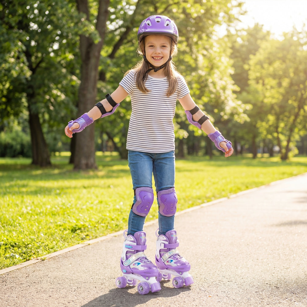 Kids roller skates in purple with light-up wheels, adjustable sizes, and safety gear for outdoor fun and protection.