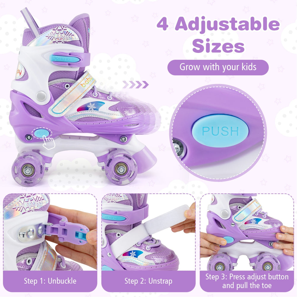 Kids roller skates in purple with light-up wheels, featuring adjustable sizes and safety protection for beginners.