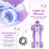 Light-up wheels of purple kids roller skates with 82A PU material and ABEC-7 bearings for smooth gliding and safety.