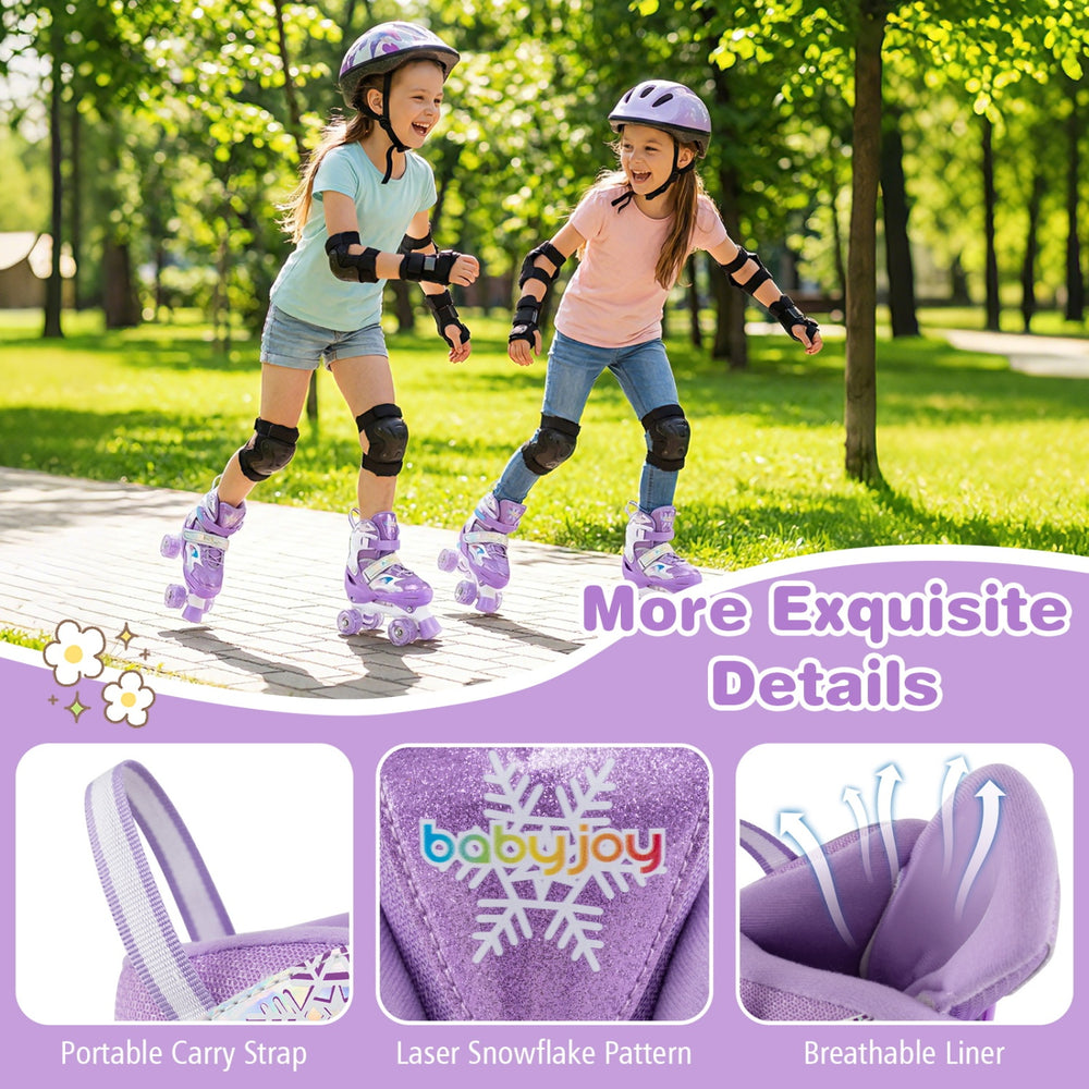 Kids roller skates in purple with light-up wheels, adjustable sizes, and breathable liner for comfort and safety.