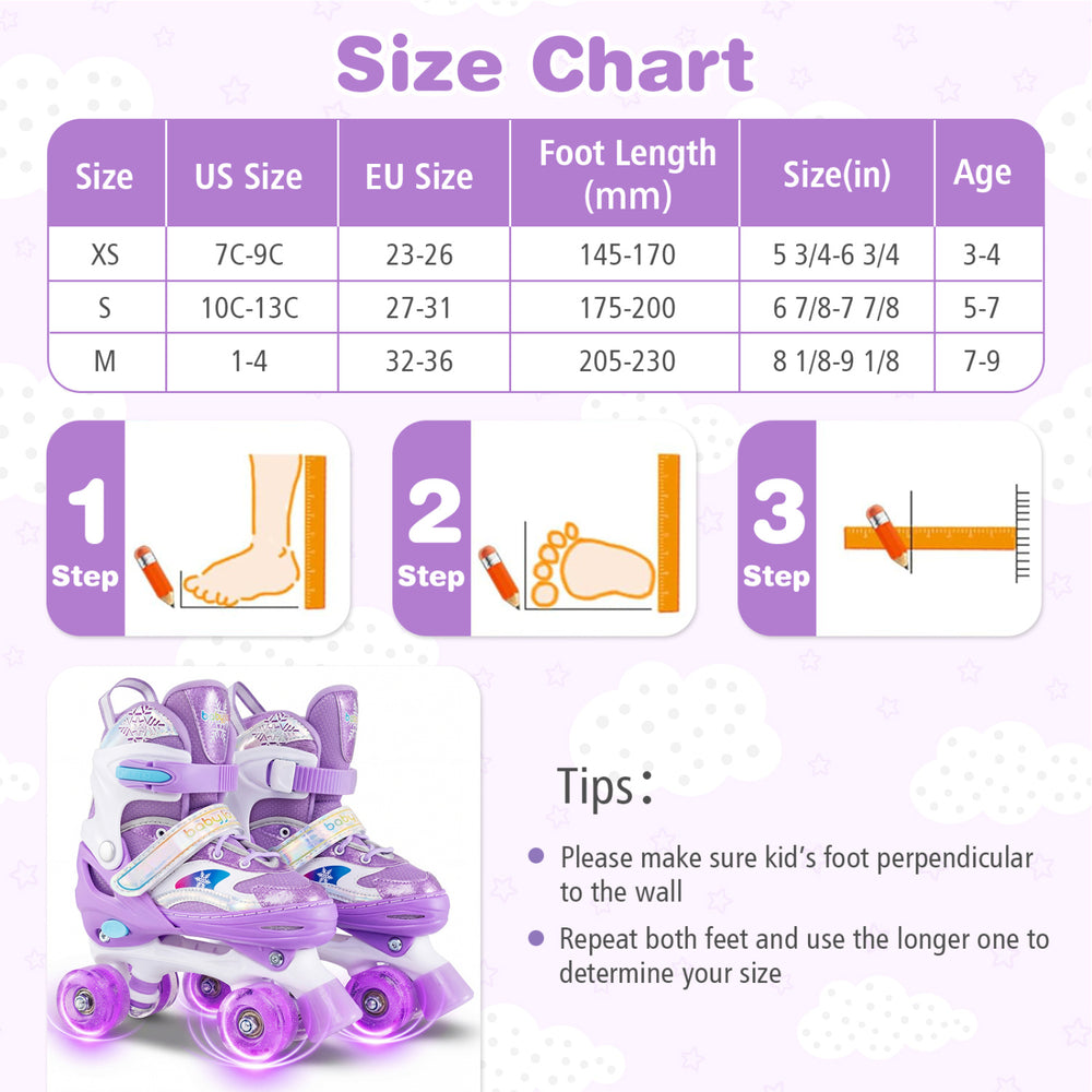 Kids roller skates in purple with light-up wheels, adjustable sizes, and safety features for fun and secure skating.