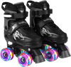 Adjustable black kids roller skates with light-up wheels, featuring secure buckles and breathable mesh liner for.