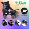 Kids adjustable roller skates in black with light-up wheels, featuring secure laces and breathable mesh for comfort.