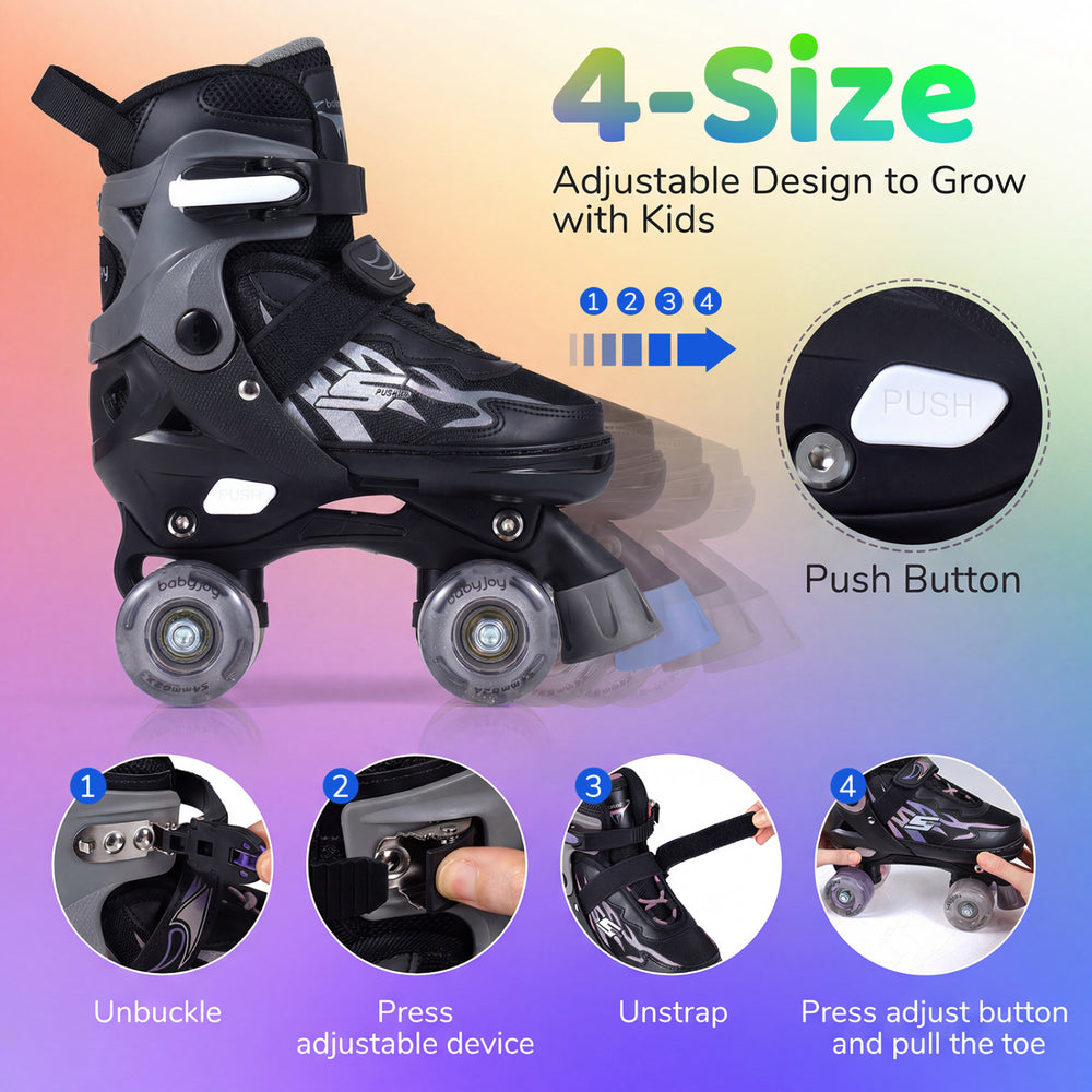 Kids adjustable roller skates in black with light-up wheels, featuring secure laces and breathable mesh for comfort.