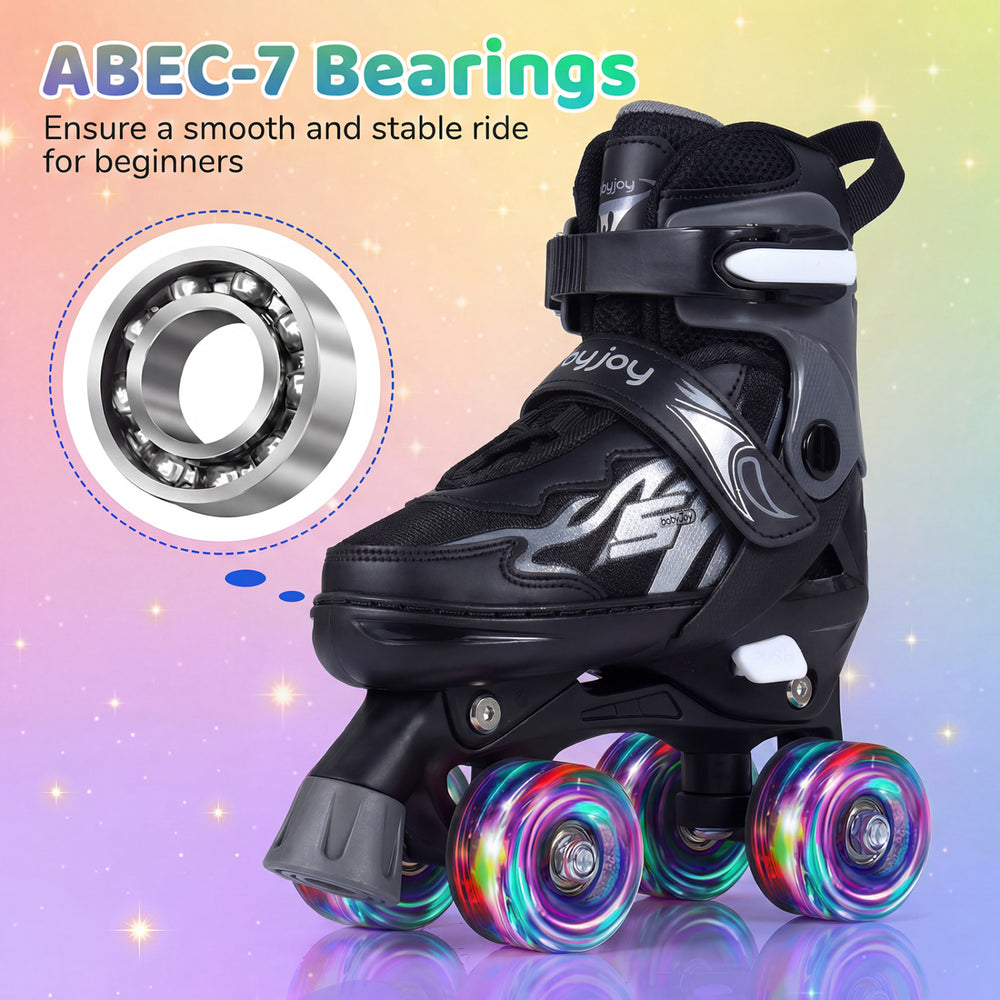 Kids adjustable roller skates with light-up wheels, ABEC-7 bearings, and secure laces for a stable and fun ride.