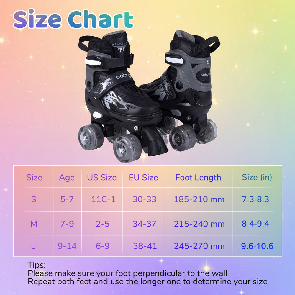 Kids roller skates with adjustable sizes, light-up wheels, and breathable mesh liner for comfortable skating.