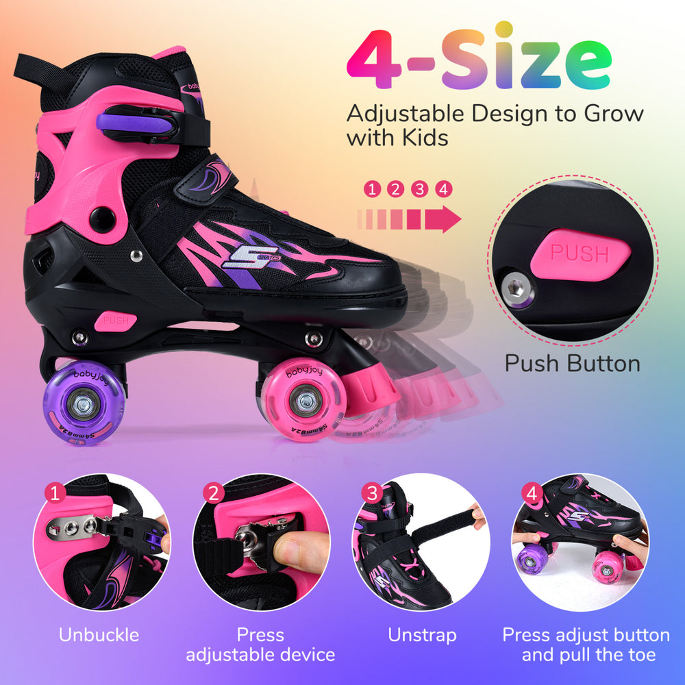Kids roller skates in pink with adjustable sizes, light-up wheels, and secure buckles for outdoor fun and safety.