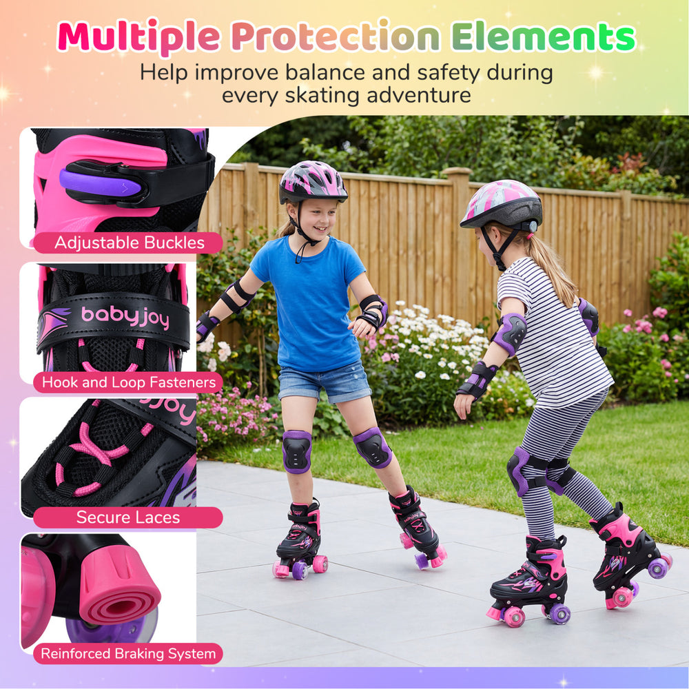Kids roller skates in pink with adjustable buckles, light-up wheels, and secure laces for outdoor fun and safety.