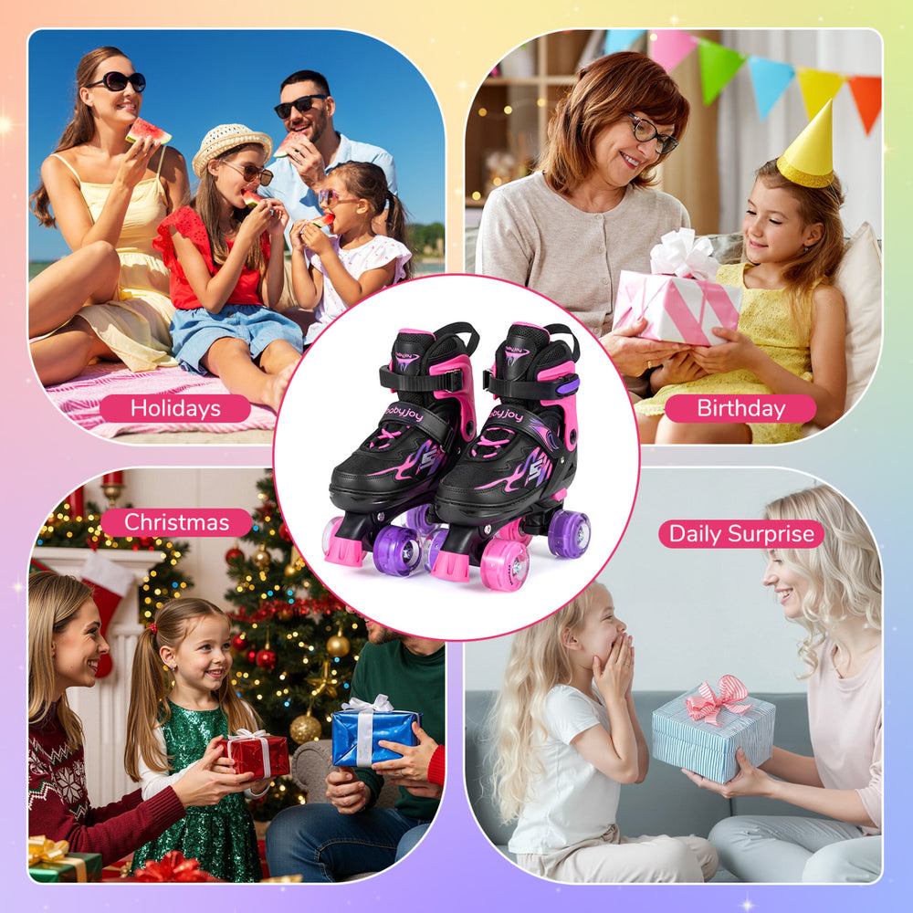 Kids roller skates in pink with adjustable sizes and light-up wheels, perfect for outdoor fun and improving balance.