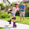 Kids roller skates in pink with light-up wheels, adjustable size, and safety gear for outdoor fun and balance.