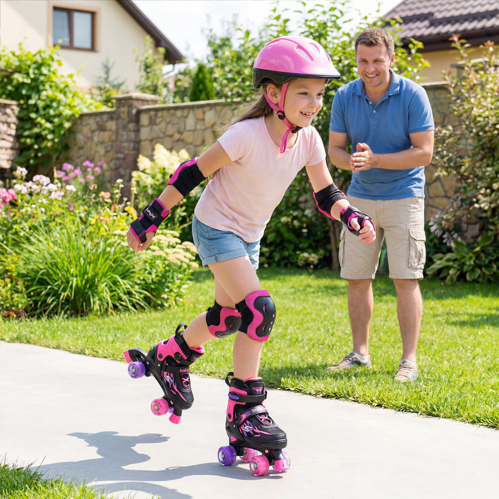 Kids Roller Skates for Girls Boys 4 Sizes Adjustable Quad Skates with Light-up Wheels for Outdoor-Pink - Gallery View 1 of 10